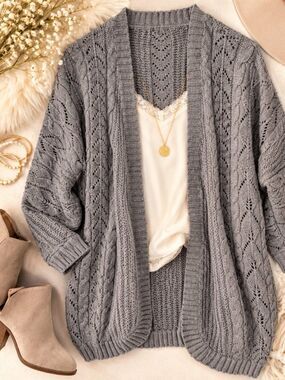 Pink Republic Gray Cable Knit Open Front Cardigan Sweater Small Boho Pointelle